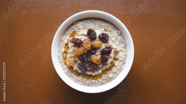 Fototapeta Delicious and Healthy Oatmeal Bowl with Raisins and Honey Top View