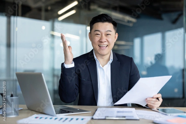 Fototapeta Portrait of a young happy Asian man working in the office, holding documents in his hand, satisfied with the results, looking at the camera with a smile