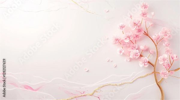 Obraz A beautiful cherry blossom tree branch adorned with delicate pink flowers, set against a pure bright, marble background, creating a stunning visual contrast, copy space