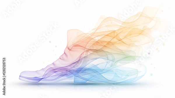 Obraz A vibrant, rainbowcolored smoke is gracefully emitting from a shoe positioned against a clean, white background, creating an artistic visual