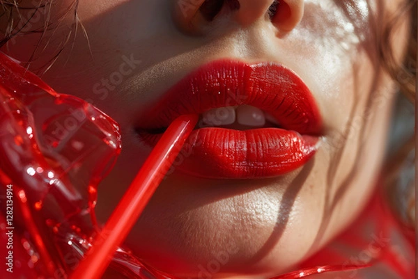 Fototapeta there is a woman with red lipstick and a red plastic straw