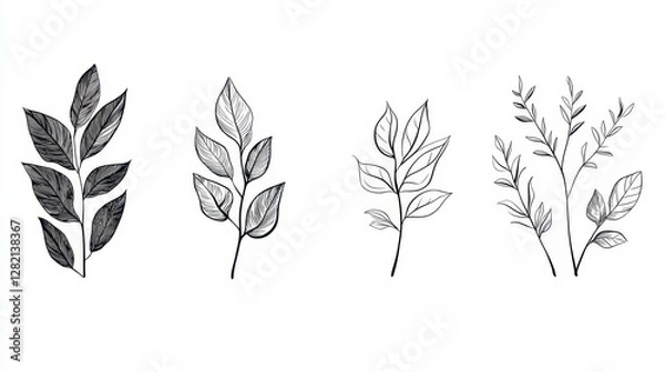 Fototapeta Four elegant botanical illustrations featuring diverse leaf shapes in a minimalist style.