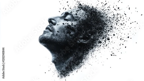 Obraz Profile of a man dissolving into particles against a white background