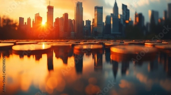 Fototapeta Sunset over a city skyline reflecting on water with coins in the foreground, creating a serene atmosphere