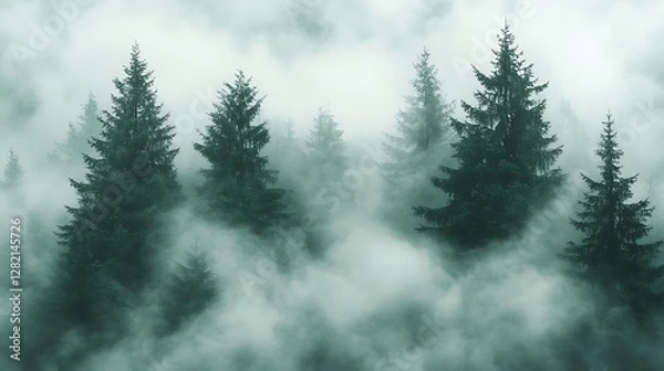 Fototapeta Early morning mist gathering in the valleys, with clouds covering the mountain ridges as the sun rises.