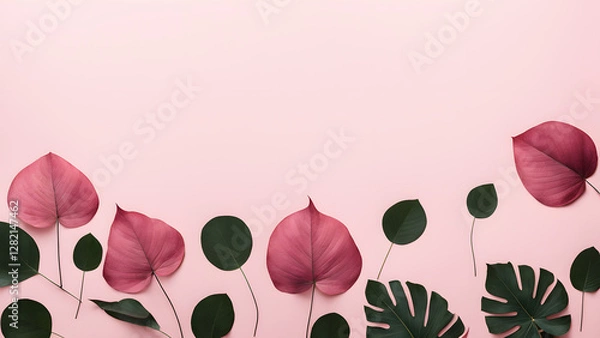 Fototapeta Pink flowers and leaves are arranged in a row on a pink background