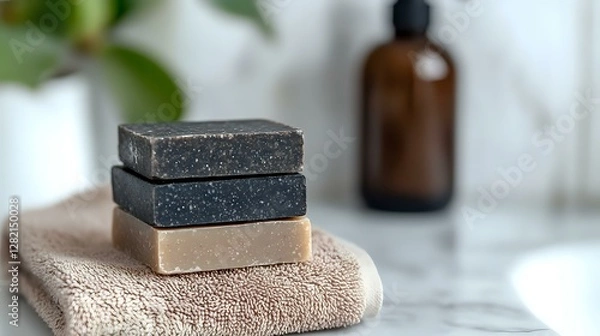 Fototapeta Handmade natural soap bars stacked on beige towel with amber bottle in background on marble surface, spa and wellness composition for skincare.