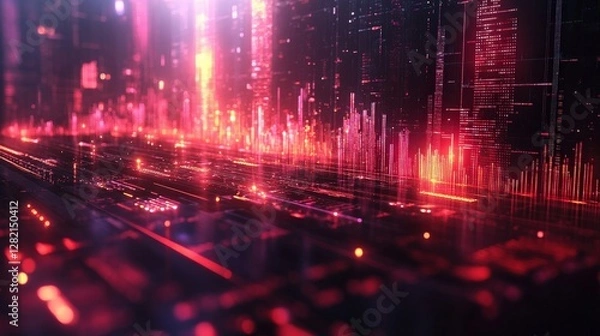 Fototapeta Abstract digital landscape with glowing lines and vibrant colors representing data flow and technology