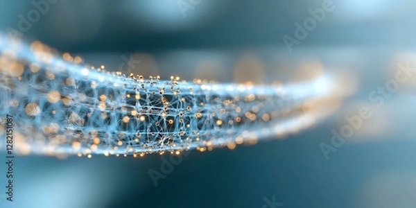 Fototapeta Macro photography of water droplets forming geometric grid pattern on spider web with morning dew, soft blue background creates dreamy atmosphere.