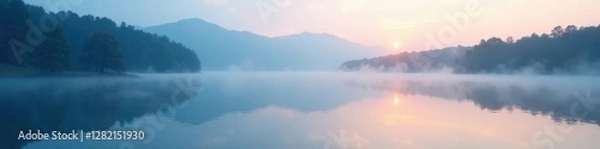 Fototapeta Soft blue mist rises from a serene lake at dawn, white, misty