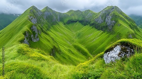 Fototapeta A beautiful top view of mountain ridges shrouded in mist, with clouds gently flowing across the rocky terrain.