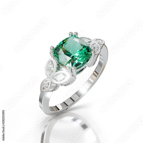 Obraz Exquisite white gold ring with a rich green emerald, set with marquise and round diamonds for a sophisticated, vintage appeal.
