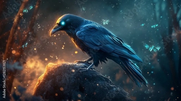 Fototapeta Mystical raven with glowing feathers perched on ancient stone, mysterious and magical