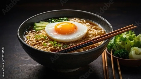 Fototapeta A bowl of ramen topped with a fried egg, garnished with green onions and cucumber.