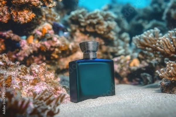 Fototapeta A sleek perfume bottle rests on the sandy ocean floor, surrounded by vibrant coral formations, creating an enchanting underwater scene.