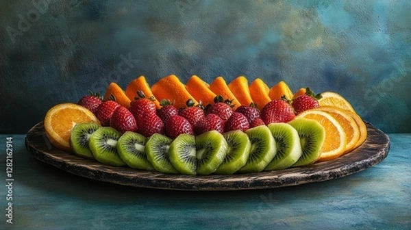 Fototapeta Vibrant Fruit Platter Display with Slices of Kiwi, Orange, Strawberry, Melon on Rustic Wooden Board