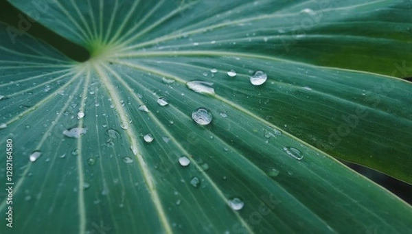 Fototapeta Water droplets on a large tropical leaf in the morning light