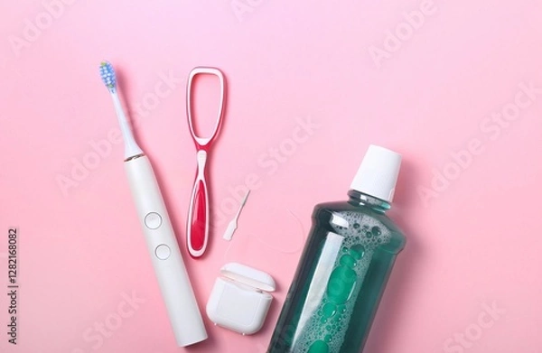 Fototapeta Daily dental care essentials arranged on a light pink surface with toothbrush, mouthwash, and flossing tools