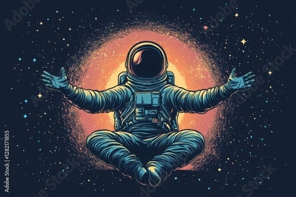 Fototapeta Astronaut floating in space, meditating in front of a glowing cosmic backdrop during a serene journey