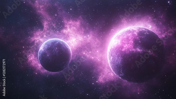 Fototapeta Modern cosmic landscape featuring two contrasting planets in the sky symbolizing duality harmony and the balance between opposing forces