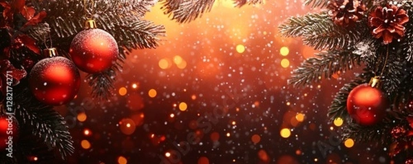 Fototapeta Christmas tree branches decorated with red baubles forming a festive background
