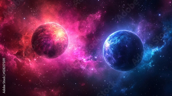 Fototapeta Modern cosmic landscape featuring two contrasting planets in the sky symbolizing duality harmony and the balance between opposing forces