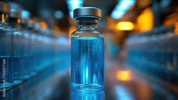 Fototapeta Pharmaceutical vial in a sterile laboratory setting with many vials in background