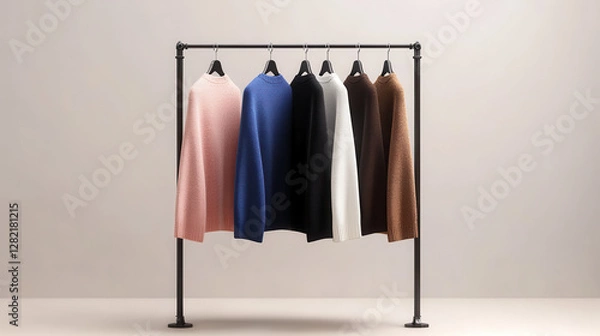 Obraz Colorful Sweaters Displayed on a Rack in Minimalist Setting