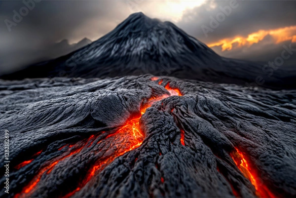 Obraz A dramatic landscape featuring a towering, dark volcano with a glowing orange lava flow cascading down its side, set against a cloudy, fiery sky.