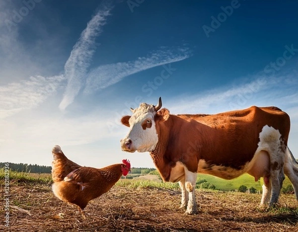 Fototapeta side view of cow and chicken together at farm