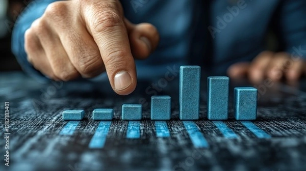 Obraz Business professional analyzing growth trends with blue bar graphs on a dark wooden desk