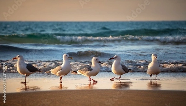 Fototapeta four seagulls walking on the beach