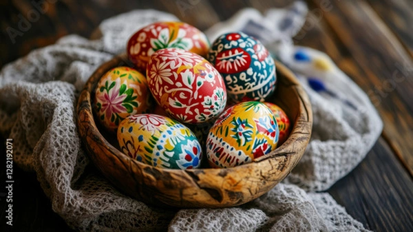Fototapeta Traditional Folk Art Painted Easter Eggs in Rustic Wooden Bowl