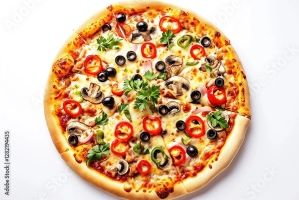 Fototapeta Pizza. Pizza with Mushrooms, Classic Italian-Style Pizza with Tomato Sauce, Mozzarella Cheese, and Fresh Mushrooms, Delicious Pizza with Mushrooms Isolated on White on a Background with Copy Space