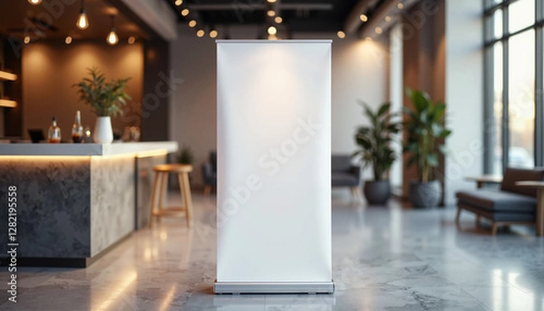 Fototapeta Minimalistic pull-up banner mockup in modern office space, branding solution