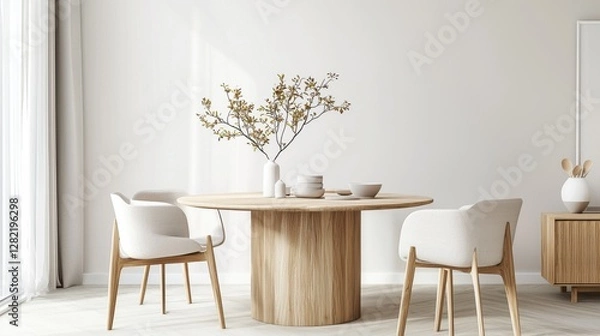 Fototapeta A serene minimalist dining room with a round or oval wooden table, soft pastel color palette, modern Scandinavian chairs,  elegant interior design