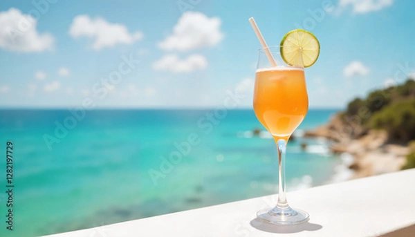 Obraz Refreshing cocktail on balcony overlooking turquoise sea, summer vibe
