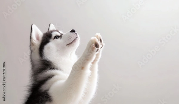 Fototapeta Adorable Siberian Husky Puppy Asking for Treats with Playful Pose