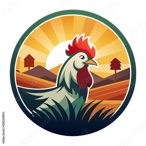 Obraz Farm Rooster Crowing at Sunrise - Vector Illustration, Clipart, and Line Art Design, Farm rooster crowing at sunrise, vector illustration, clipart, and line art design on a white background.