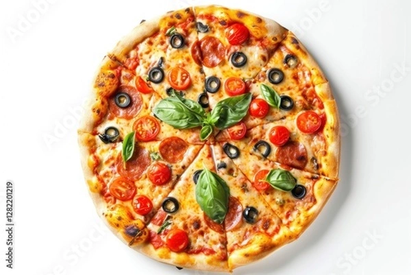 Fototapeta Pizza. Sicilian Pizza. Traditional Thick-Crust Italian Pizza with Rich Tomato Sauce, Mozzarella Cheese,  Delicious Sicilian Pizza Isolated on White on a Background with Copy Space