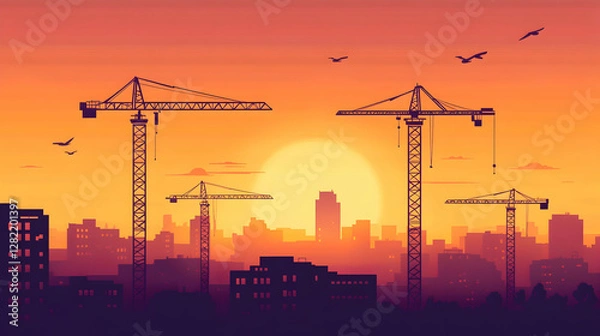 Obraz Metropolitan skyline development with multiple tower cranes at dawn