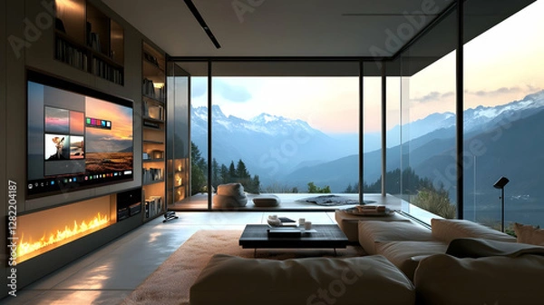 Obraz Modern smart tv connected with sound bar. Home entertainment system. Tech, visual, audio entertainment. Stylish