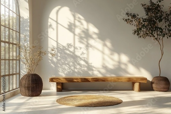 Fototapeta Natural light creates soft shadows on a minimalist white interior space in modern Scandinavian design