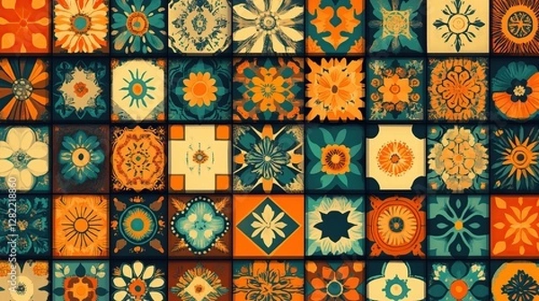 Fototapeta Colorful floral tile wall background, retro design for various uses