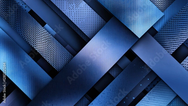 Fototapeta Dynamic abstract design featuring overlapping strips of various blue fabrics with different textures Background 