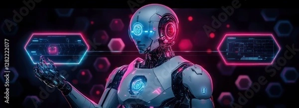 Fototapeta Futuristic Robot Interaction with Digital Interface in Cyberpunk Technology GameFi and DeFi Ecosystem