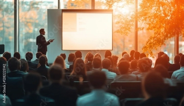 Fototapeta Business Speaker Engaging Audience at Conference Event in Modern Lecture Hall