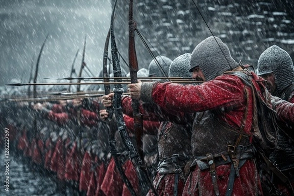 Fototapeta Archers prepare for battle in a snowstorm during a historical reenactment at an ancient fortress