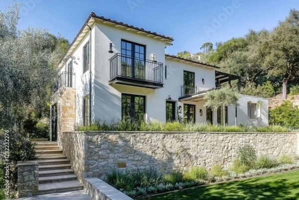 Fototapeta Modern white house with elegant design and beautiful landscaping situated in a lush green setting surrounded by trees and nature