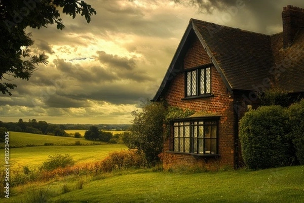 Fototapeta Charming brick house surrounded by lush fields and dramatic clouds during golden hour, showcasing rural tranquility in the countryside